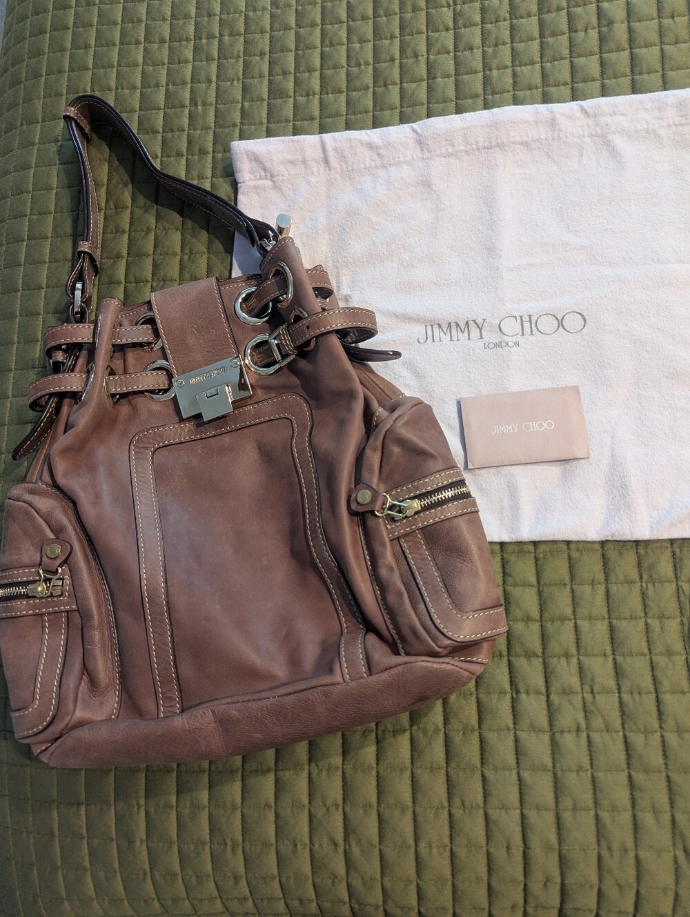 JIMMY CHOO Brown Leather Ramona  Shoulder Bucket Bag